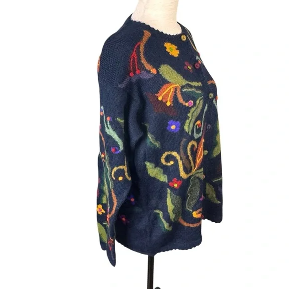 Vintage Peruvian 100% Alpaca Sz L/XL Blue Floral Buttons Scalloped Edge Cardigan